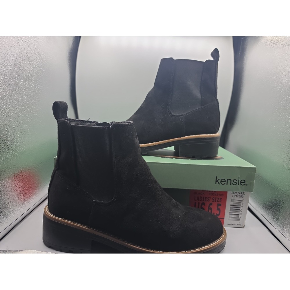 Kensie Kayla B Ankle Boot Womens 6.5 Black Faux Suede Side Zip Lug Sole KS242100